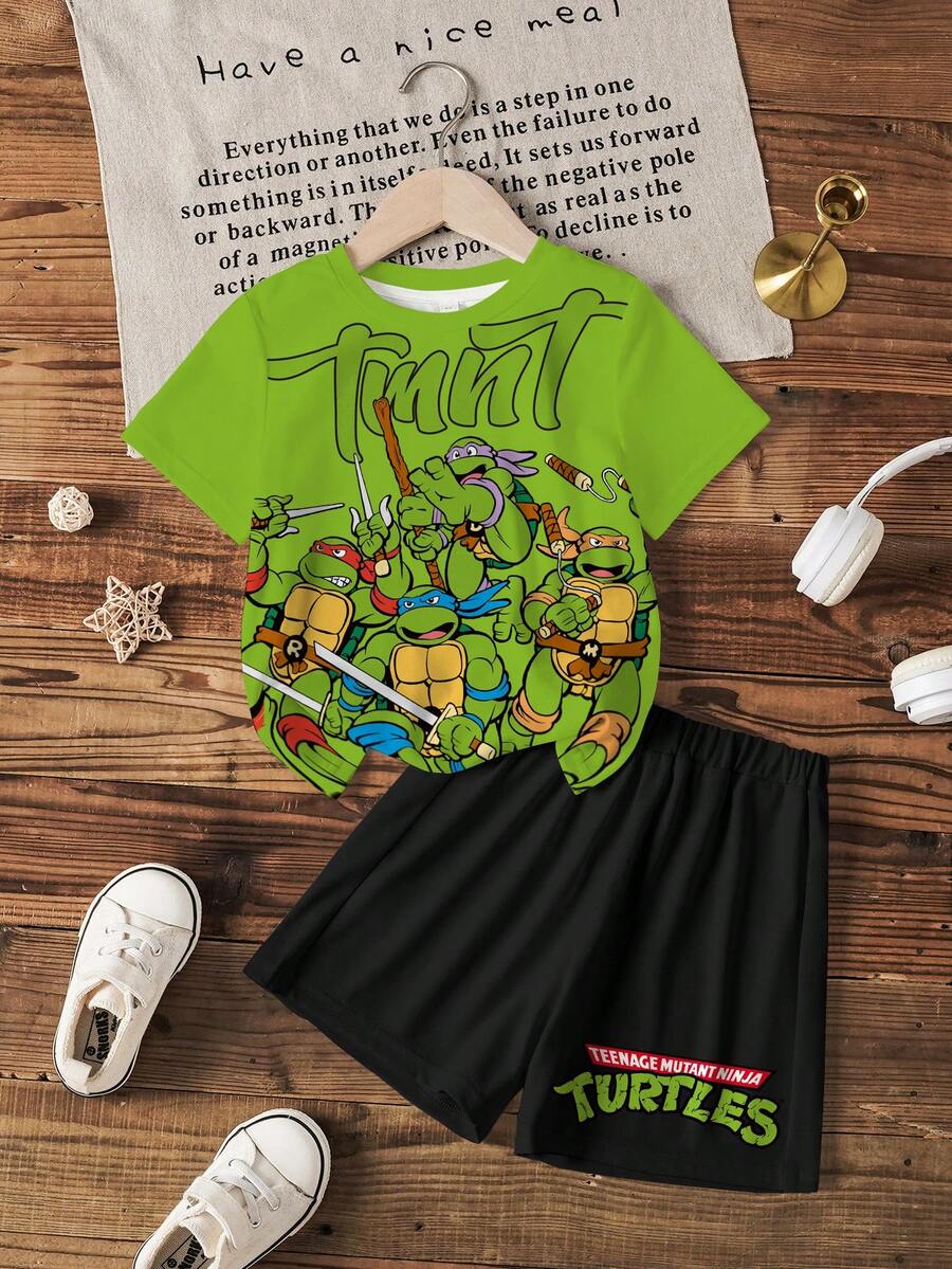 TEENAGE MUTANT NINJA TURTLES | SHEIN 小男孩卡通印花圓領短袖T恤與休閒短褲套裝 - 白色 - 查看 1