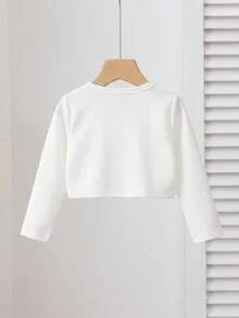 SHEIN LMoss Kids LMoss 女嬰可愛優雅純色針織彈性開襟衫，適合夏季與秋季，適用於度假旅行與戶外活動 - 白色 - 查看 2