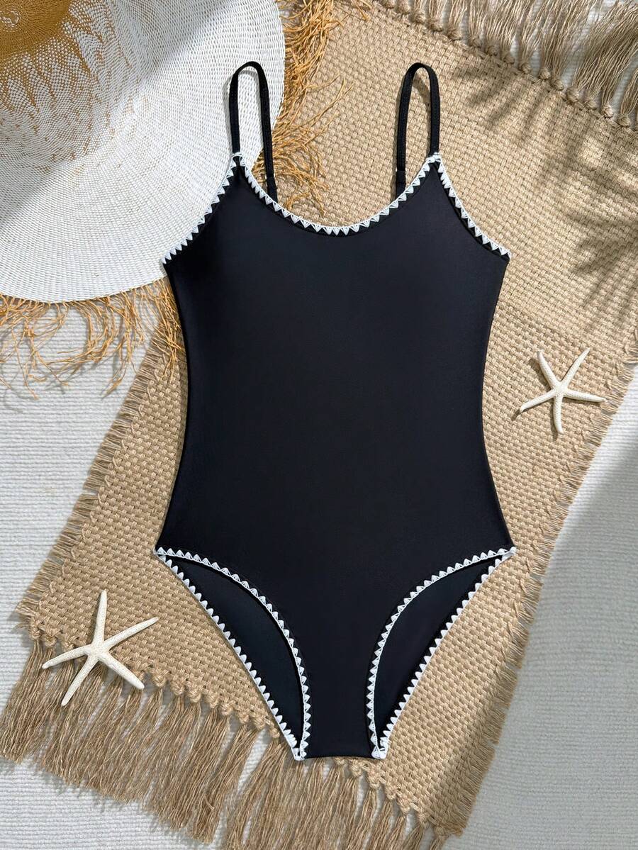 SHEIN Baju Renang Terusan Model Camisole dengan Trim Kontras untuk Remaja Perempuan, Cocok untuk Liburan Olahraga Pantai, Pesta Kolam Renang, Pesta Pantai Musim Panas - MultiWarna - View 1