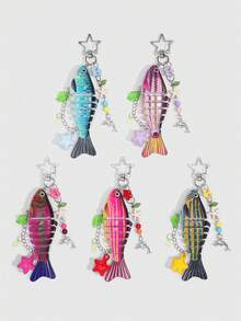 ROMWE Kawaii 1 pieza Llavero de pez tropical de color dopamina hecho a mano, cebo de imitación para primavera y verano, colgante de anzuelo de pez de varios segmentos, estilo de vacaciones/oceánico - Multicolor 5 - Ver 8