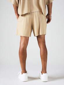 SUMWON Celana Pendek Bertali Serut Berbahan Linen dengan Pinggang Elastis Berkerut untuk Liburan Musim Panas dan Pakaian Kasual - Khaki - View 5