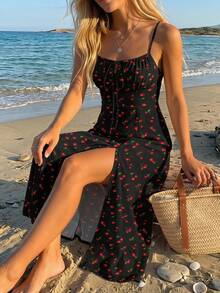Veykashi Women's Plus Size Cherry Print Lace-Up Split Dress - Multicolor - View 6