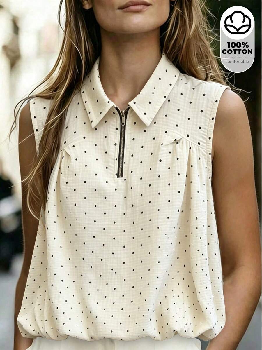 SHEIN Áo không tay tối giản in họa tiết chấm bi dành cho nữ, thích hợp mặc hàng ngày. - Màu be - Xem 1