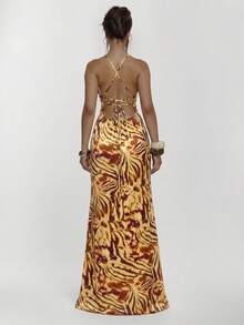 MUSERA Lace Up Front Cup Detail Fitted Animal Print Maxi Dress Sexy Going Out Vacation Autumn Fall Night Out Cute Streetwear Party Elegant Spring Summer - Orange - View 2
