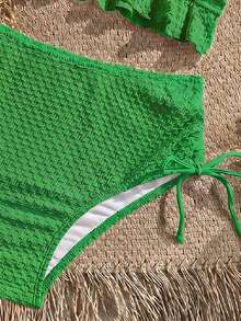 Swim Vcay Women's Solid Color Textured Fabric Sweet Ruffle Drawstring Pleated High Waist Tank Top Bikini - Green - View 5