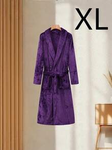 1pc Fashionable Thick Flannel Bathrobe With Pockets, Tie Waist Belt, Fold-Down Collar, Soft & Comfortable, Suitable For Plus Size Women Sleepwear & Loungewear - Dark Purple - View 4