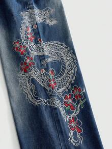 ROMWE MEN Street Life 青少年男孩口袋鈕扣花卉龍刺繡圖案休閒百搭日常出遊牛仔長褲 - 藍色 - 查看 4