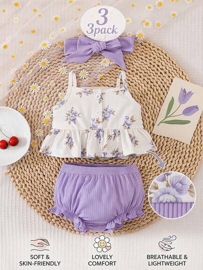 SHEIN 3pcs Newborn Baby Girls Infant Girls Cute Purple Floral Bow Ruffle Sleeveless Soft Cami Top And Bloomer Shorts Set With Headband Daily Spring Summer