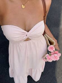 MainGRL Bohemian Tropical Soft Pink Strapless Dress, Spring/Summer Vacation - Baby Pink - View 7