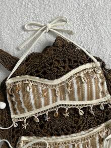 Swim Mod New Women's Beach Pool Party Vacation Fashion Sexy Casual Apricot White Lace Trim Shell & Starfish Pendant Striped Bandeau Strapless Bikini Set - Multicolor - View 5