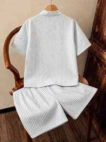 2 peças Conjunto de camisa de manga curta e calções para rapazes adolescentes, primavera/verão, férias, texturado, cor damasco, riscas verticais bolha - Baby Azul - Ver 2