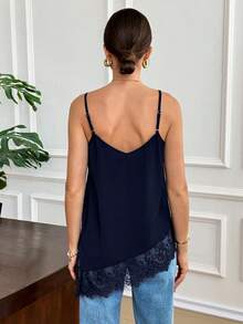 Elegant Women's Summer Camisole In Solid Color With Lace Patchwork And Side Slit - Beige - View 2
