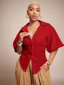 Vixey Solid Self Tie Back Collared Button Up Long Sleeve Top - Red - View 5