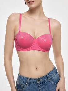 Bralution Pink Underwire Molded Cup High Support Lift & Cleavage Rhinestone Glitter 1/2 Cup Comfy Balconette Charming Y2K Style Women's Bra - Pink - View 5