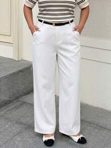 Dripcurv Pantalones diarios de unicolor simple para mujer de talla grande - Blanco - Ver 4