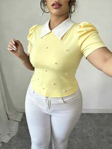 Elenzga 夏季珍珠裝飾 3D 泡泡袖法式復古風短版修身大尺碼 T-shirt - 黃色 - 查看 6