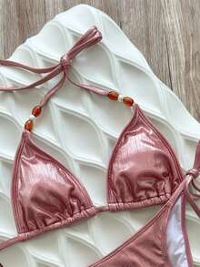Swim Vcay 2026春夏粉色箔面料細肩帶掛脖橢圓珠飾高衩側開女款比基尼丁字褲泳衣2件套 - 粉色 - 查看 6