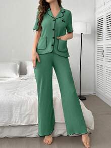 Côtesoire Cherry Embroidery Contrast Trim Short Sleeve Long Pants Women's Pajama Set - Green - View 6