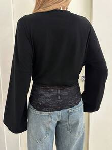 SHEIN EZwear 女款純色圓領長袖蕾絲下擺上衣 - 黑色 - 查看 4