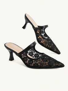 CUCCOO CHICEST Black Lace Pointed Mullers, Hollow Mesh Kitten And Slippers, Workplace Dating Party Slim High Heels - Black - View 9