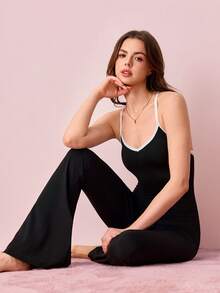 Bonmuse 1pc Women's Solid Color Comfortable Backless Jumpsuit Loungewear - Black - View 10