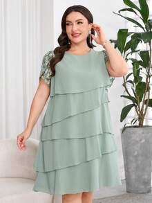 Reflora Đầm nữ size lớn màu xanh xám mùa hè thanh lịch cho khách mời đám cưới, cổ tròn, gấu xếp ly nhiều lớp, trang phục dạ hội sang trọng cho tiệc chính thức và lễ tốt nghiệp - màu xanh lá - Xem 7