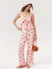 Elorette Conjunto de Pijama Feminino com Alça Fina e Laço Romântico - Rosa chiclete - Visão 3