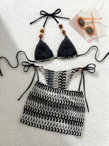 Swim Vcay Women's New Textured Fabric Sexy Tropical Beaded Bikini Set, Beach Vacation/Pool Vacation Outfit For Summer Black - Black and White - View 2