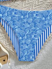 SHEIN Teen Girls 2pcs Reversible Swimwear Set, Halter Top With Adjustable Buckle And Triangle Bikini Bottom, Shell & Stripe Print Knit Fabric, Casual Style For Summer Beach, Pool, Vacation, Summer Holiday Party - Multicolor - View 9