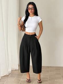 SHEIN PETITE Women's Solid Color Minimalist Casual Pants - Black - View 8