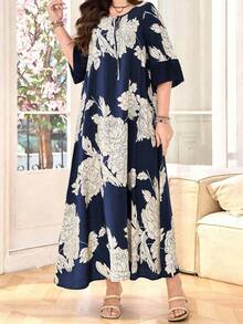 Lacomfia Women's Round Neck 3/4 Sleeve Chiffon Pom Pom Cutout Patchwork Faux Linen Comfortable Fashion Print Loose Casual Long Dress - Multicolor - View 3