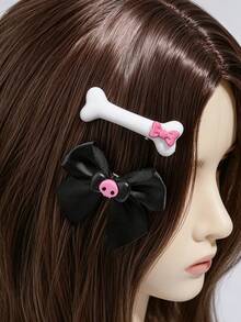 ROMWE Anime 12PCS Sweet & Cool Hair Clips Set, Bow & Bone Hair Pins, Black & Pink Cross Skull Bangs Clips For Halloween Styling - Color 1 - View 7