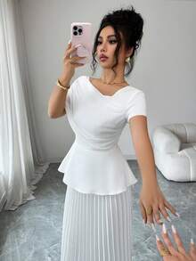 SHEIN Elenzya Đầm midi nữ màu trơn phối lưới xếp ly - trắng - Xem 5