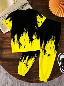 2pcs/Set Letter Print Pattern, Fashionable Versatile, Comfortable Black & Yellow Crew Neck T-Shirt & Long Pants Set For Boys, Short Sleeve & Long Pants, Ss26 , Squishy, Summer, Summer Clothes - Multicolor - View 5
