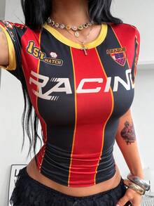 Coolane Women's Summer Streetwear Going Out Vintage Number Pattern Striped Graphics Stretchy Comfortable Football Jersey T-Shirt - Multicolor - View 3