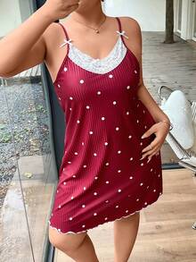 Dream Adore Plus Size Polka Dot Ribbed Lace Cami Nightgown - Red - View 6