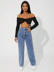 SHEIN PETITE Women's High Waist Pockets Straight Loose Casual Versatile Jeans - Medium Wash - View 3