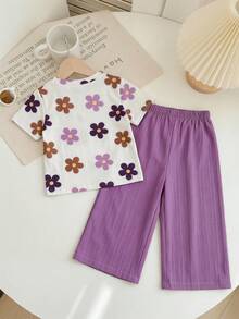 SHEIN Baby Girl Butterfly Print T-Shirt And Solid Color Long Pants Set - Multicolor - View 2