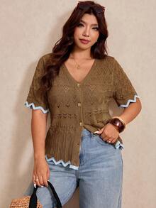 Elaquor Plus Size Contrast Trim Short Sleeve Hollow Out Knit Cardigan Fall - Rust Brown - View 4