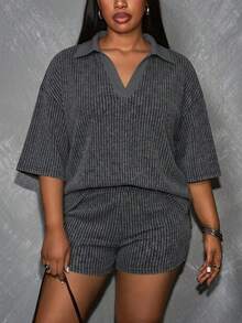 Slaydiva Plus Size Summer Casual Smart Casual Short Sleeve Top And Shorts 2 Pieces Set Workwear Gray - Multicolor - View 5