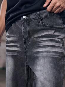 Skyrend Lightweight Business Casual Washed Distressed Hem Jeans For Men, Versatile Slim Straight Leg Casual Pants, Suitable For All Seasonsemo - Black - View 6