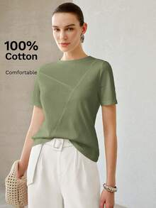 MOTF PREMIUM Camiseta de manga corta con cuello redondo de unicolor versátil para mujer de verano - Verde - Ver 6