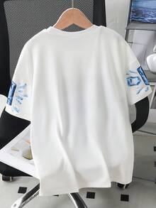 SHEIN 1件男童休閒簡約優雅冰塊表情印花前身與袖子圓領短袖套頭T恤，舒適面料，適合夏秋季節 - 白色 - 查看 2