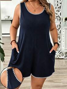 EMERY ROSE Casual Minimalist Contrast Trim Sleeveless Plus Size Romper - Navy Blue - View 1
