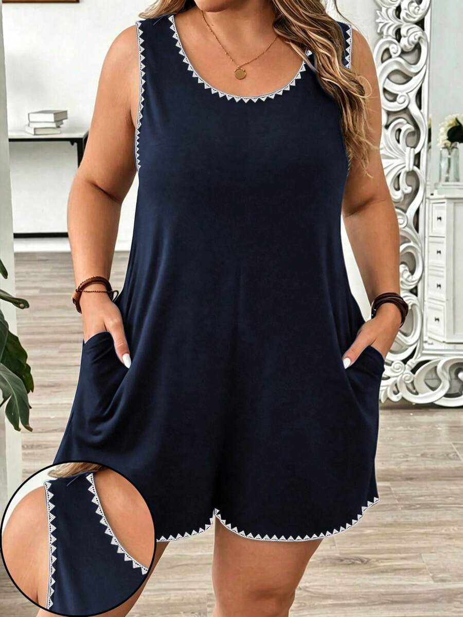 EMERY ROSE Casual Minimalist Contrast Trim Sleeveless Plus Size Romper - Navy Blue - View 1