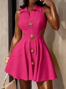 Glyssa Serie de vestidos de moda con escote de solapa, sin mangas, cintura corta, hebilla metálica asimétrica y corte en A para mujer. Nuevos vestidos elegantes de lujo para el Año Nuevo, la primavera, el Día de San Valentín, fiestas dulces y Nochevieja en color amarillo. - Rosa Fucsia - Ver 3