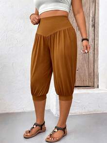 SHEIN Holidaya 女款瑜珈夏季休閒純色百褶七分褲 - 棕色 - 查看 1