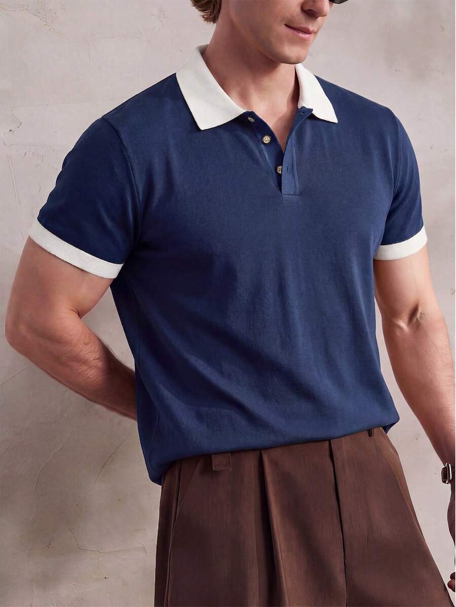 Airaco 男士夏季嘉年華季老錢風休閒海軍藍拼白色配色 Polo 衫,海灘城市度假舒適款 - 藏蓝色 - 查看 1