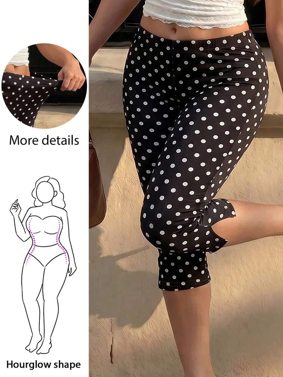 Hourglow Quần legging capri chấm bi xẻ gấu mới, cạp chun co giãn mặc thường ngày, quần áo nữ size lớn - màu nâu - Xem 1