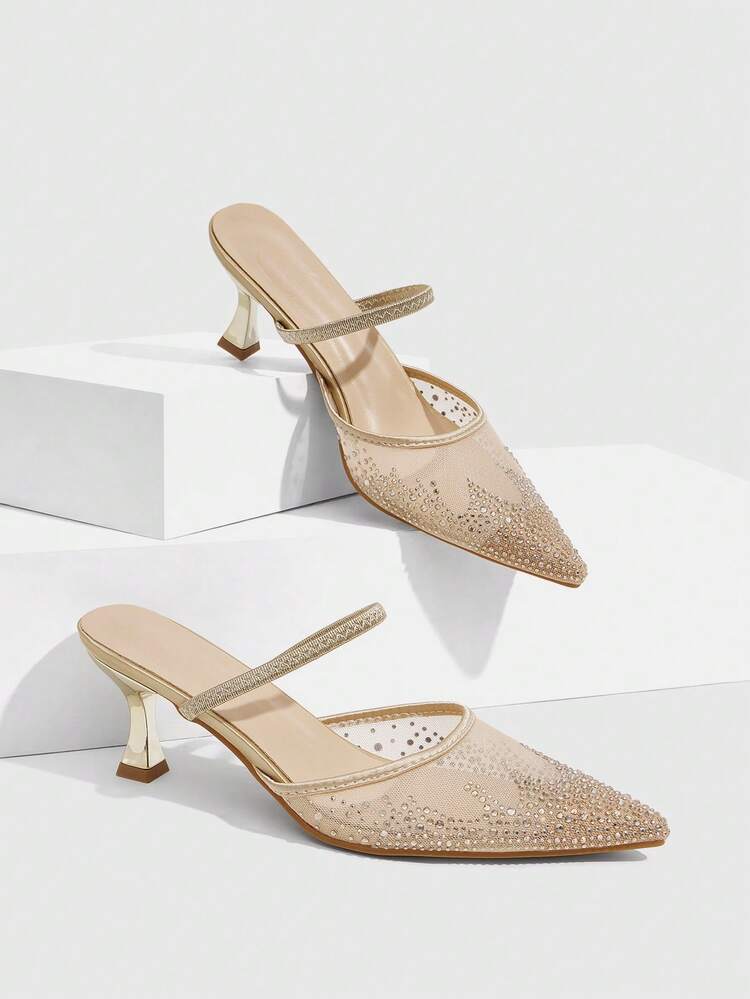 CUCCOO SZL Women's Fashion Pointed Mesh Rhinestone High Heels Women's Suitable Evening Party Party Style Empty High Heels